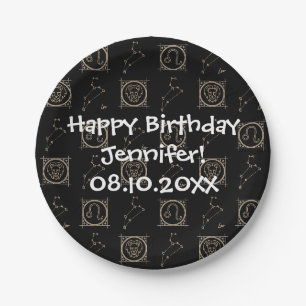 Bday Black & Gold Zodiac Leo Astrologie Star-Zeich Pappteller