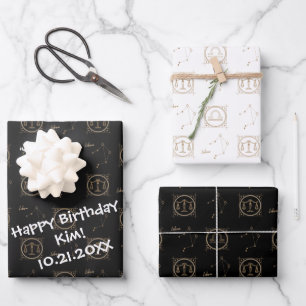 Bday Black & Gold Zodiac Libra Astrologie Sternzei Geschenkpapier Set