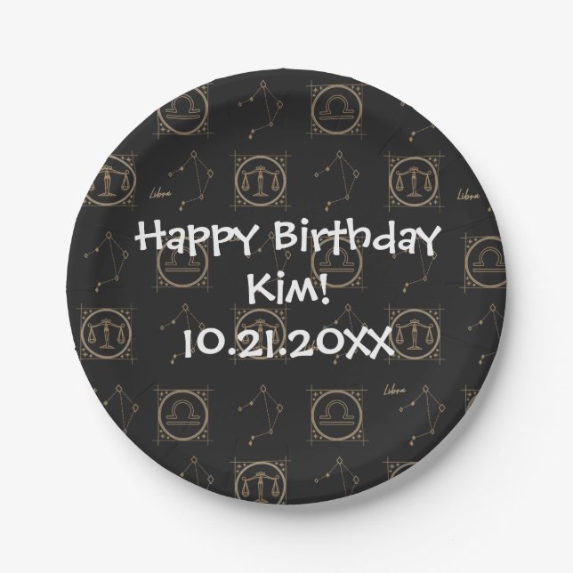 Bday Black & Gold Zodiac Libra Astrologie Sternzei Pappteller (Vorderseite)