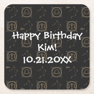 Bday Black & Gold Zodiac Libra Astrologie Sternzei Rechteckiger Pappuntersetzer