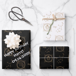 Bday Black & Gold Zodiac Virgo Astrologie Sternzei Geschenkpapier Set