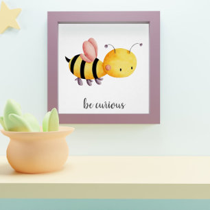 Be Curious Yellow and Pink Bee Kids Nursery Poster