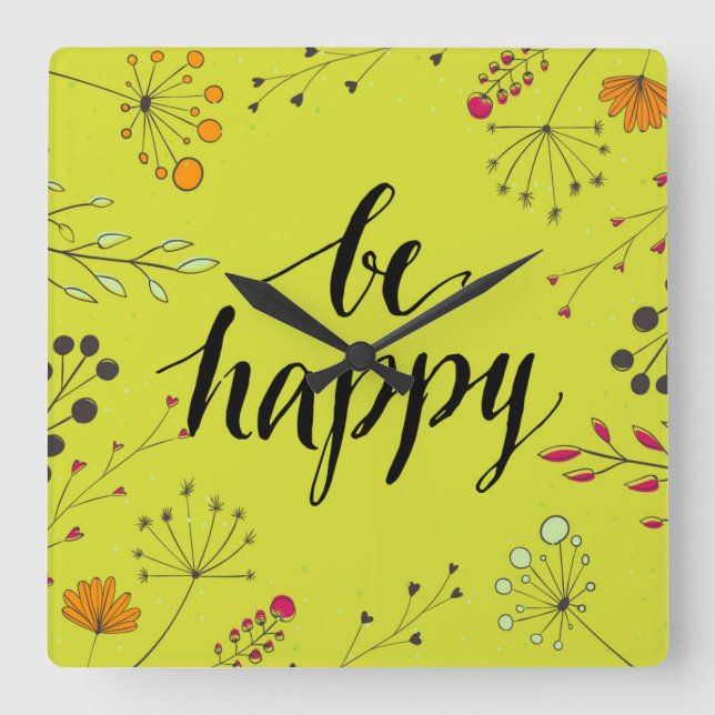 Be Happy 5 Quadratische Wanduhr (Vorderseite)