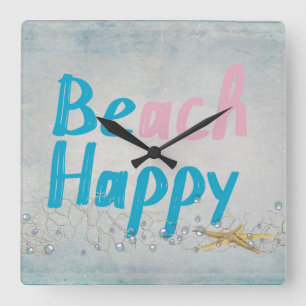 be happy-beach and starfish quadratische wanduhr