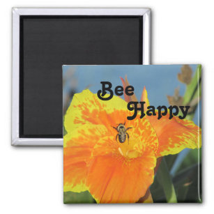 Be Happy Bee Pun Bright Orange Blume Foto Magnet