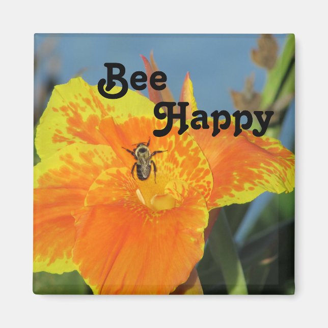 Be Happy Bee Pun Bright Orange Blume Foto Magnet (Vorne)