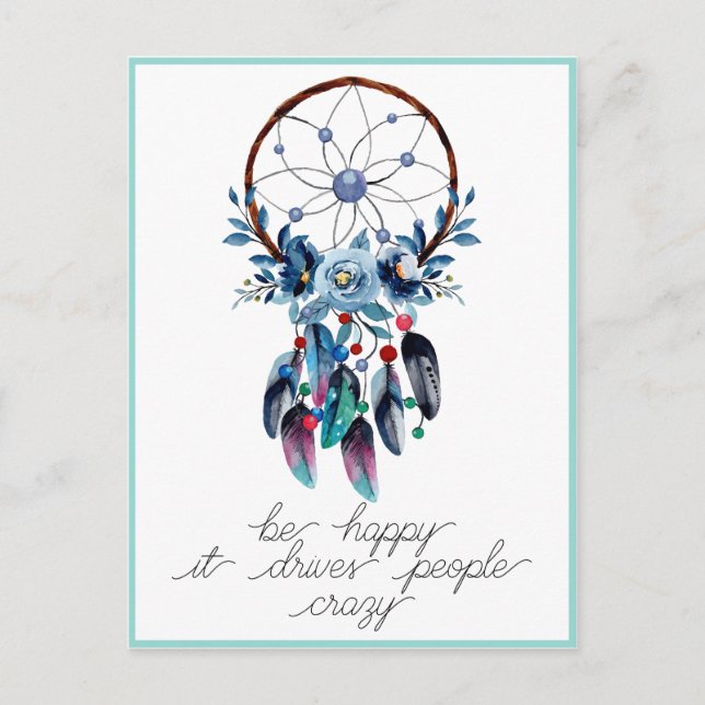 Be Happy Boho Dreamcatcher Feather Floral Postkarte (Vorderseite)