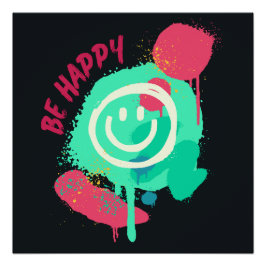 Be Happy Smiley Mint & Pink Graffiti Street Art Poster