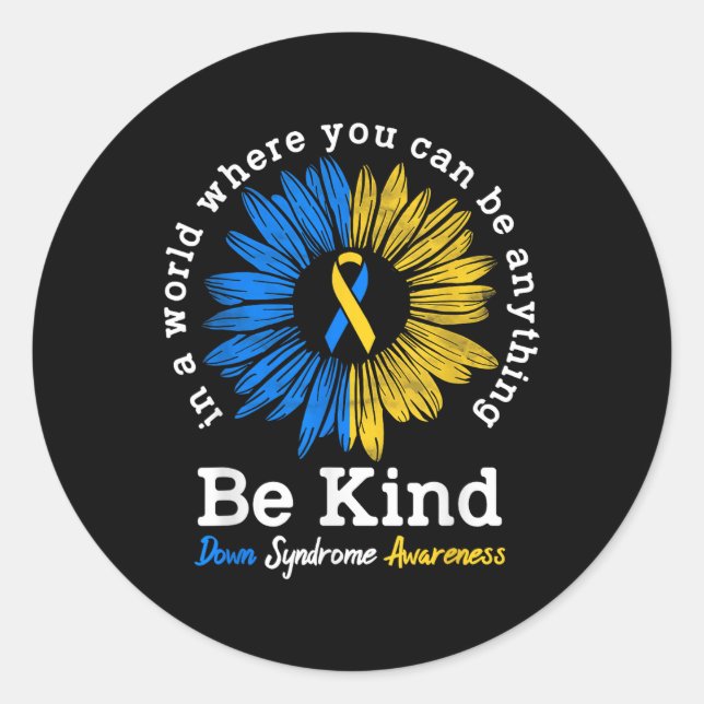 Be Kind Down Awareness Ribbon Sunflower K Runder Aufkleber (Vorderseite)