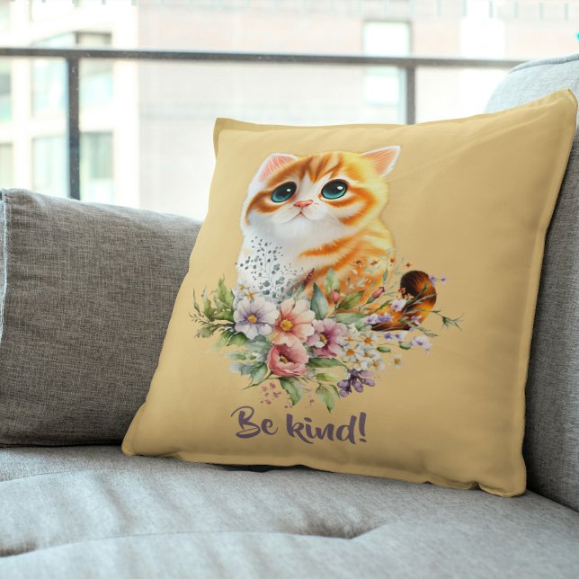 "Be kind" Inspiration Kitten Floral Design Kissen ("Be Kind" Inspirational Kitten Floral Design Throw Pillow)