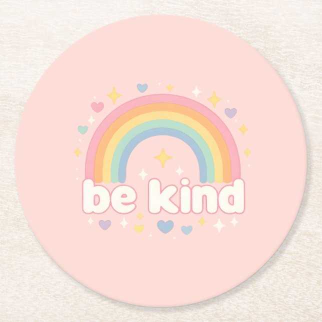 Be Kind – Rainbow Pastel Positivity Runder Pappuntersetzer (Vorderseite)