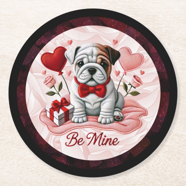 Be Mine Valentine English Bulldog Paper Untersetze Runder Pappuntersetzer (Vorderseite)