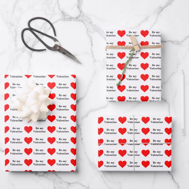 Be My Valentine Red Heart Love Geschenkpapier Set (Vorderseite)