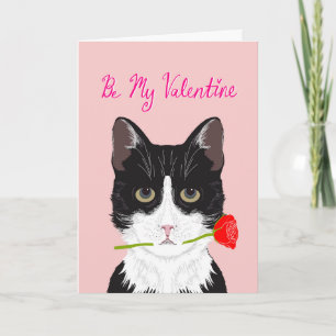 Be My Valentine - Tuxedo cat mit Rose Card Feiertagskarte