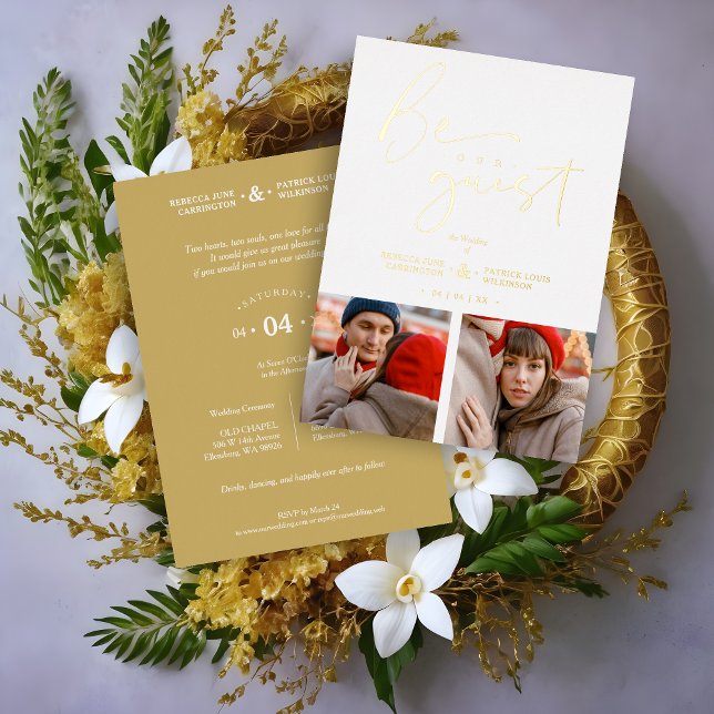 Be Our Guest Collage 2 Photos Romantic Wedding Folieneinladung (Collage 2 Photos Be Our Guest Romantic Wedding Real Golden Metallic Foil Invitation Card.)