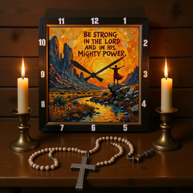 Be Strong in the Lord: Ephesians 6:10 Mountain Vis Quadratische Wanduhr (Von Creator hochgeladen)