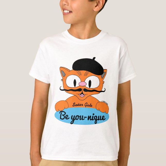 Be You nique (Be unique) Cartoon Mustache cat Blue T-Shirt (Vorderseite)