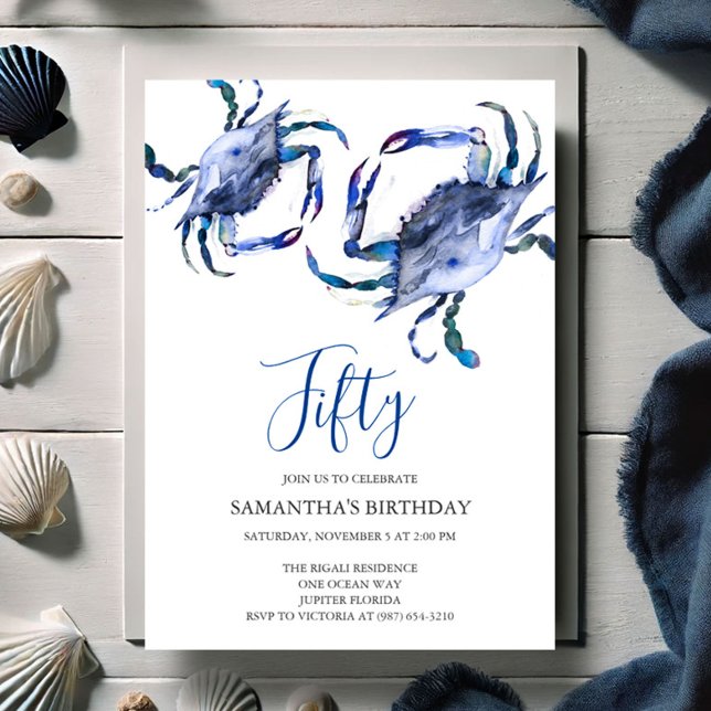 Beach 50. Geburtstag Einladungen Crab Boil (50th Birthday invitations blue watercolor crab art by Victoria Grigaliunas of Do Tell A Belle)