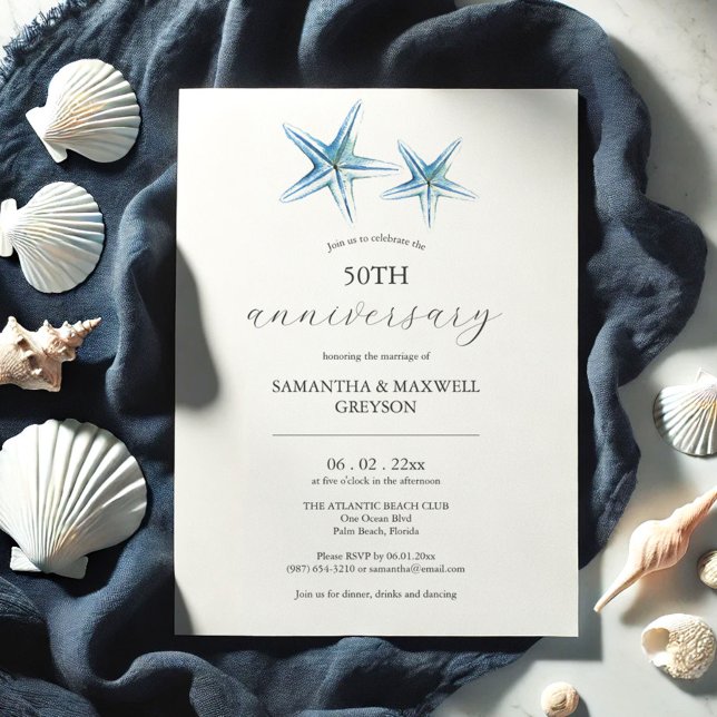Beach 50th Wedding Anniversary Invitation Starfish Einladung (50th wedding anniversary invitations watercolor blue starfish Victoria Grigaliunas Do Tell A Belle)