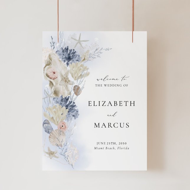 Beach Acrylic Wedding Welcome Sign Coastal Shell Acrylschild (Coastal acrylic wedding welcome sign with seashell, starfish, coral artwork for beach weddings)