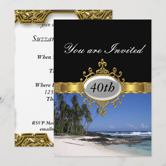Beach and Black Birthday Party Glamour Einladung (Vorne/Hinten)