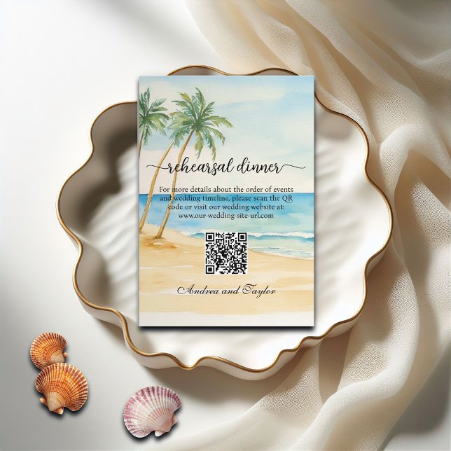 Beach and Palm Trees QR Code Rehearsal Dinner Begleitkarte (Von Creator hochgeladen)