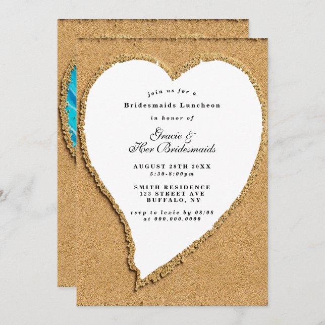 Beach and Sand Heart Bridesmaids Luncheon Invites (Vorne/Hinten)
