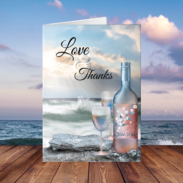 Beach and Wine Dream Wedding Danke Karte (Wedding Thank You card featuring an original painting of a wine bottle with glasses at the beach)