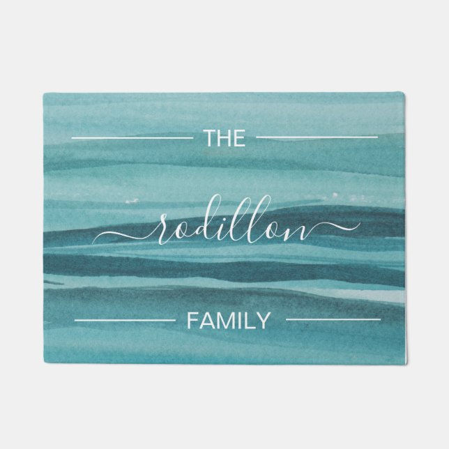 Beach Aqua Aquarell Script Familienname  Fußmatte (Vorderseite)