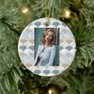 Beach Aqua Blue White Marble Pastel Mermaid Scales Keramik Ornament