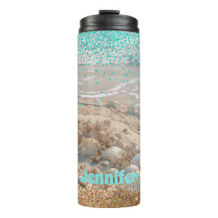 Beach Aqua Gold Glitzer Thermosbecher