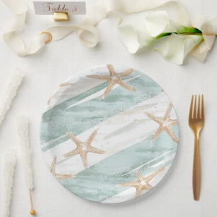 Beach Aqua Mint Starfish Streifen Hochzeit Pappteller