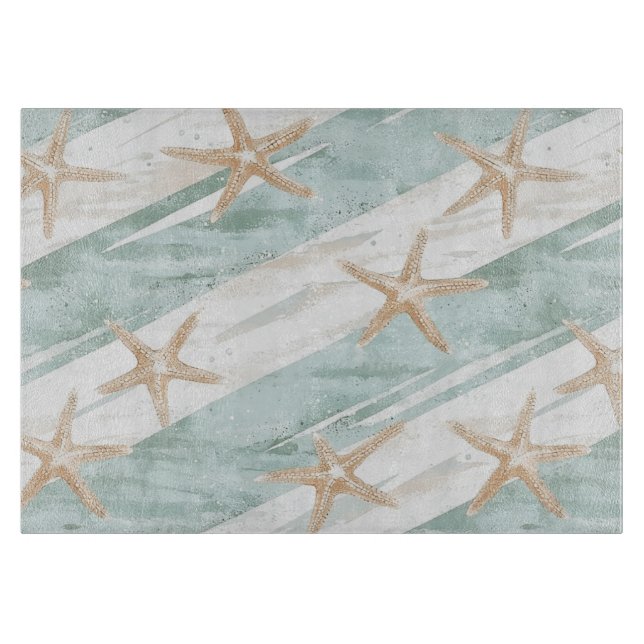 Beach Aqua Mint Starfish Streifen Schneidebrett (Vorderseite)