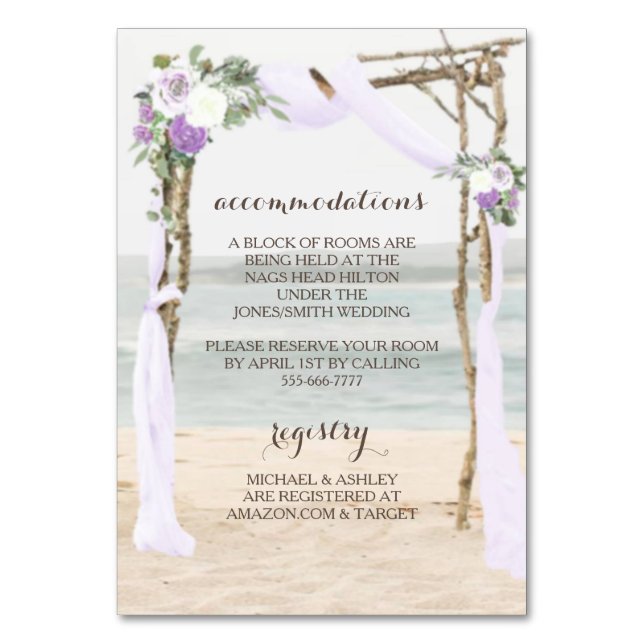 Beach Arbor Lavender Wedding Details Card Tischnummer (Vorderseite)