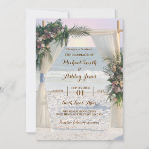 Beach Arbor Rose Tropical Blätter Sunset Wedding Einladung