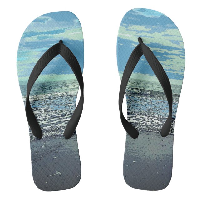 Beach Art Abstrakt Ocean Blue Grau Aquamarin Cool Flip Flops (Fußbett)