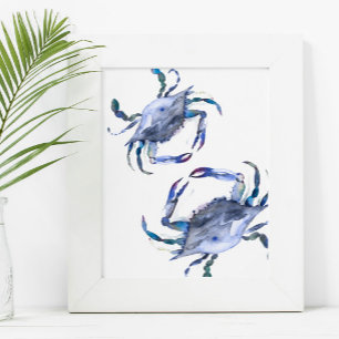 Beach Art Watercolor Coastal Blue Crab Poster