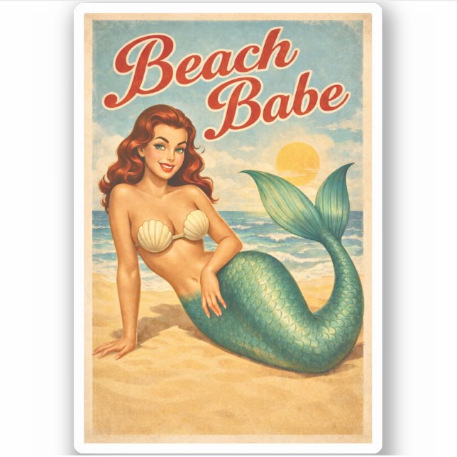 Beach Babe Pin-Up Mermaid - Retro Coastal Life Art Aufkleber (Vorderseite)