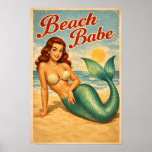 Beach Babe Pin-Up Mermaid - Retro Coastal Life Art