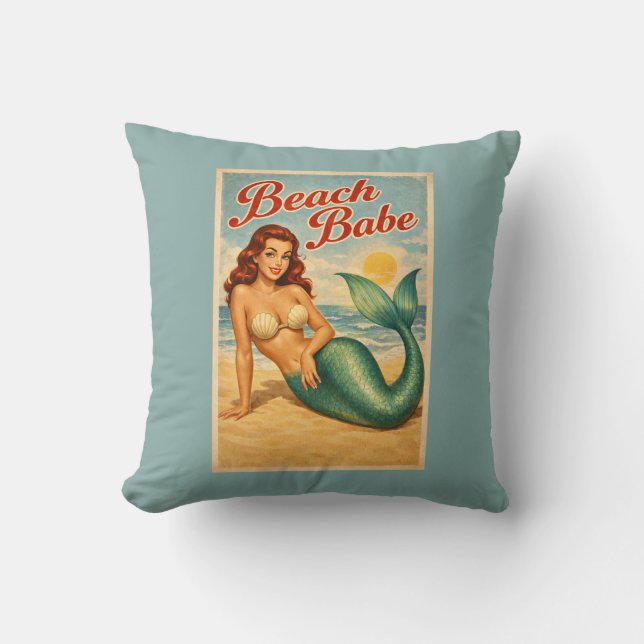 Beach Babe Pin-Up Mermaid -Retro Coastal Life Teal Kissen (Vorderseite)
