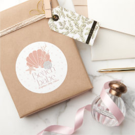 Beach Babe Seashell Pink Girl Baby Shower Runder Aufkleber
