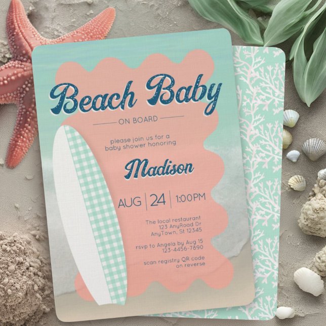 Beach Baby an Bord Coral Mint Gingham Baby Shower Einladung (Von Creator hochgeladen)