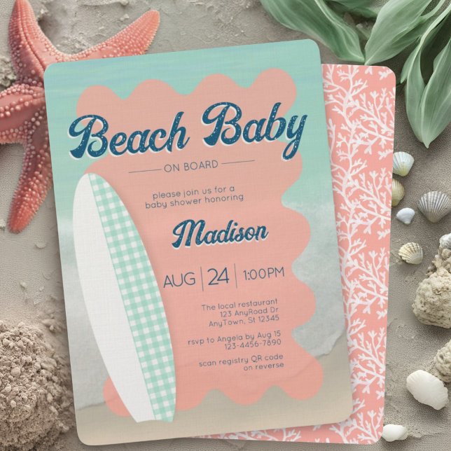 Beach Baby an Bord Coral Mint Gingham Baby Shower Einladung (Von Creator hochgeladen)