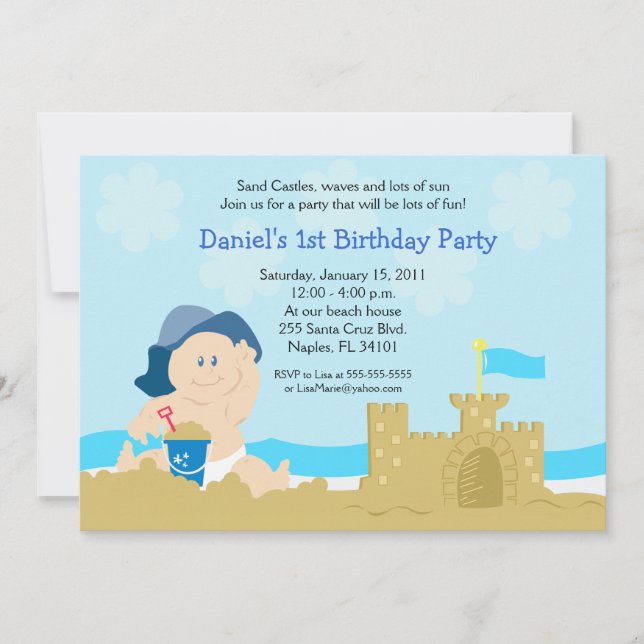 Beach Baby Sand Castle Boy Birthday Party 12x18 Einladung (Vorderseite)