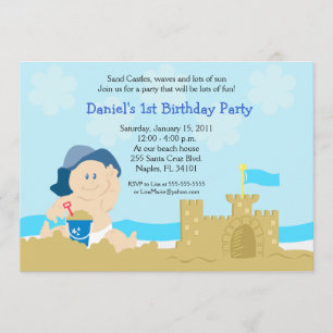 Beach Baby Sand Castle Boy Birthday Party 12x18 Einladung