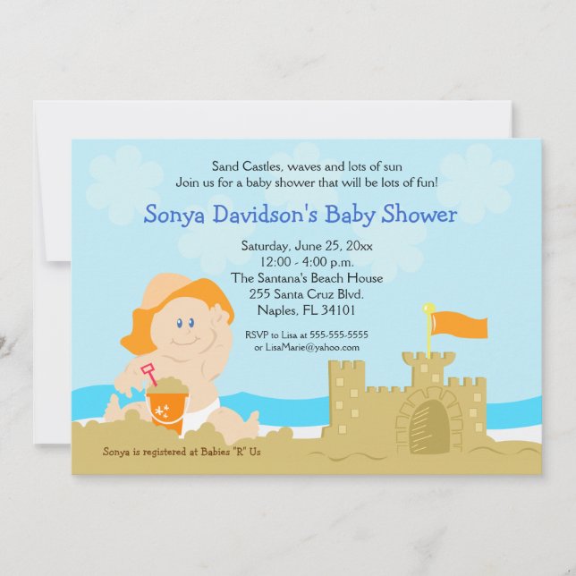 Beach Baby Sand Castle Orange Baby Dusche 12x18 Einladung (Vorderseite)