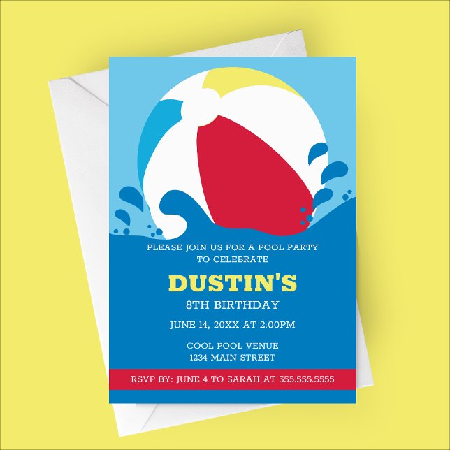 Beach Ball Pool Einladung der Kinder zum Geburtsta (Minimalist Modern Beach Ball Pool Party Kids Birthday Invitation)