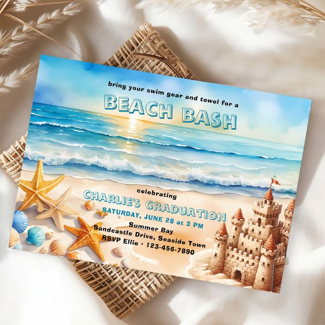 Beach Bash Sandcastle Starfish Graduierungsparty Einladung (Graduation party invitation for beach bash .. easy to edit for your event)
