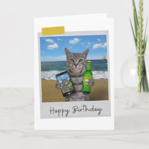 Beach Beer Tabby Cat Funny Birthday Card Karte
