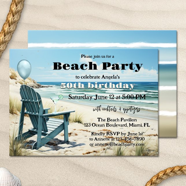 Beach Birthday Adult Summer Cocktail Party Einladung (Beach cocktail party invitation featuring a lounge chair in the dunes, overlooking the ocean)
